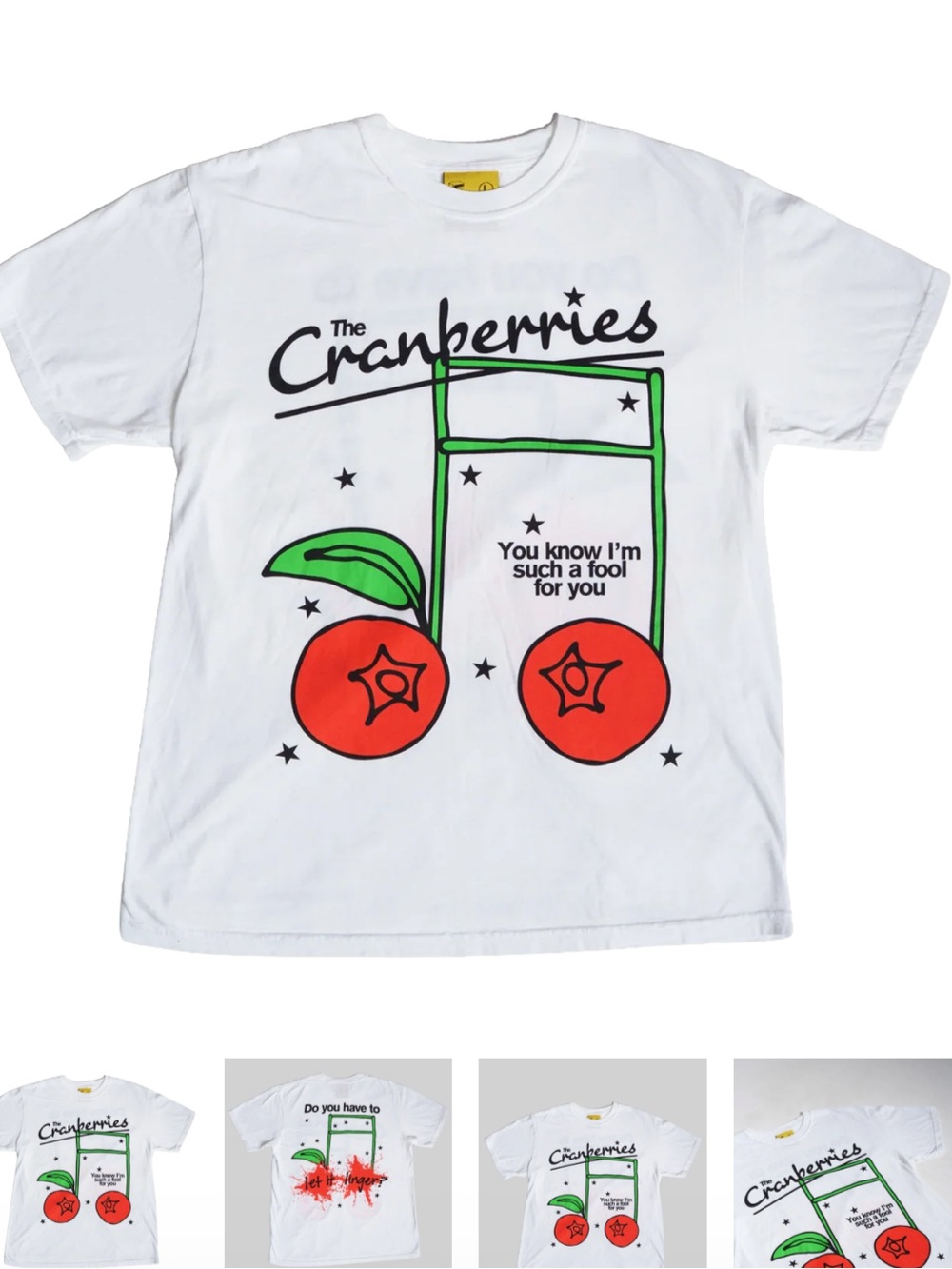 Feel So Good The Cranberries White Graphic T-Shirt with Red Cherry Design